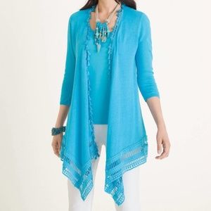 Chico's Blue Tassel Flowy Linen Blend Open Cardigan Sweater